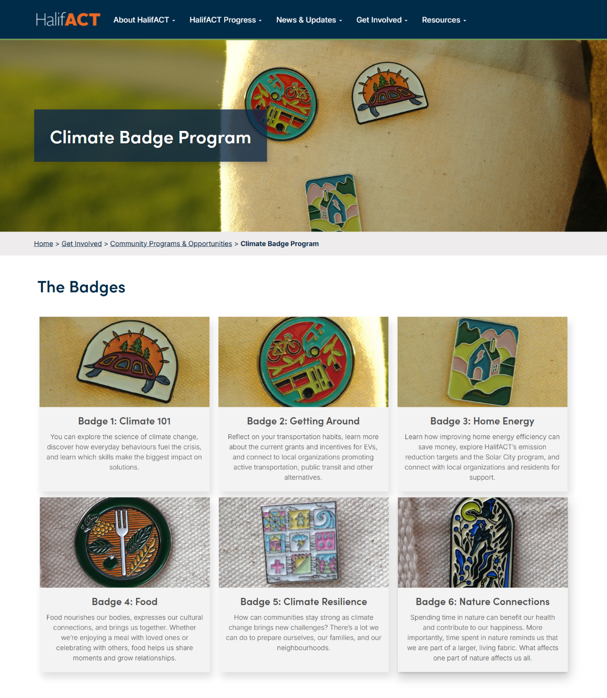 Screenshot of the landing page for the Badges on the HalifACT Hub.