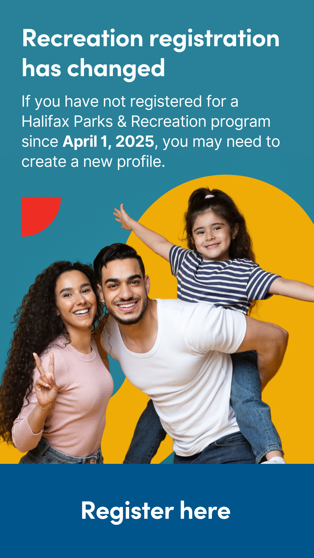 Man, woman and child in picture. Child in on the back of the man. Recreation registration has changed. You may need to create a new profile in the new system if you have not registered since April 1, 2025