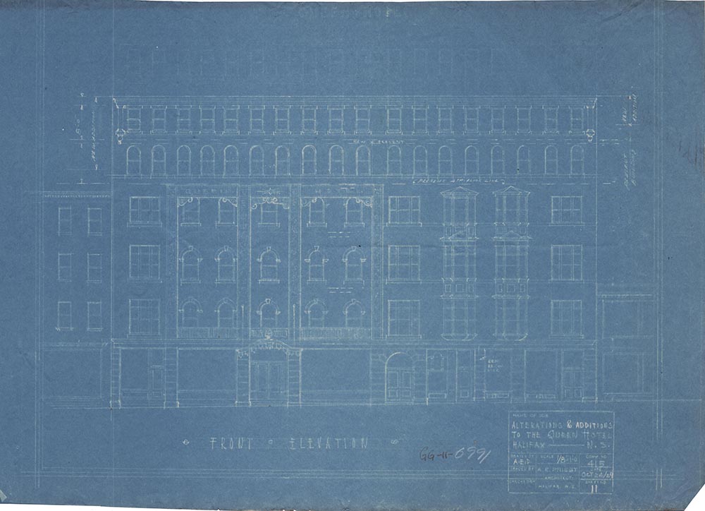 Blueprint drawing of a multi-story building’s front elevation. The design shows a symmetrical façade with five levels, featuring rows of arched windows on the upper floors and rectangular windows below. The ground floor includes doorways and large openings, with architectural details like cornices and decorative elements. A title block in the lower right corner contains technical notes and project information.