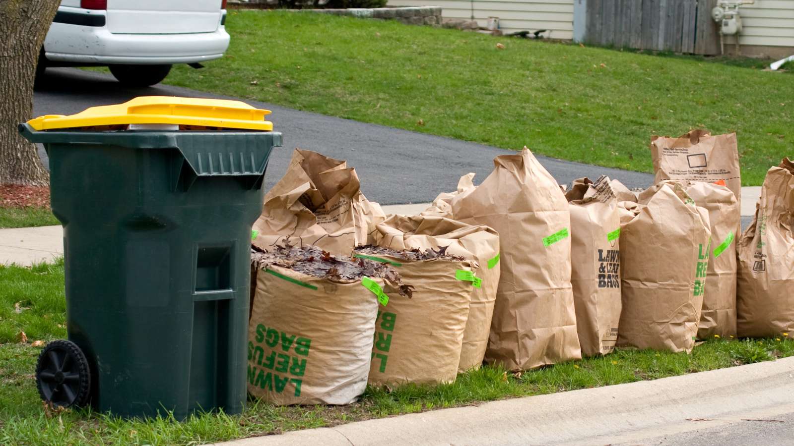 Outdoors- green compost bin with yellow cover. Several large paper bags filled with leaves on the curb.