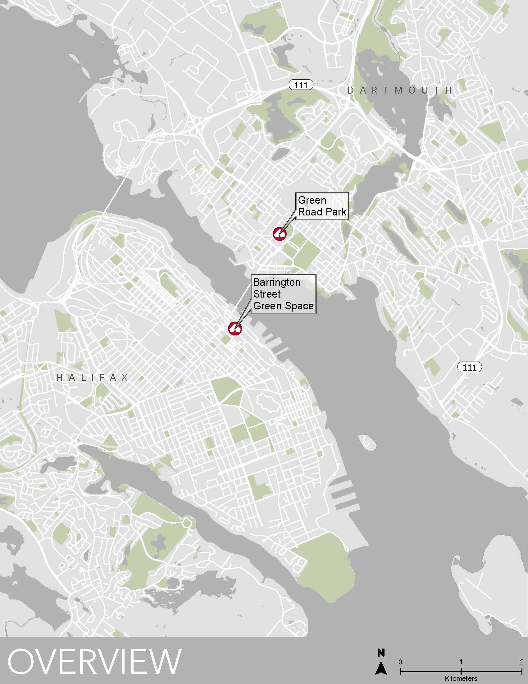 An aerial map showing Green Road Park and Barrington Greenway