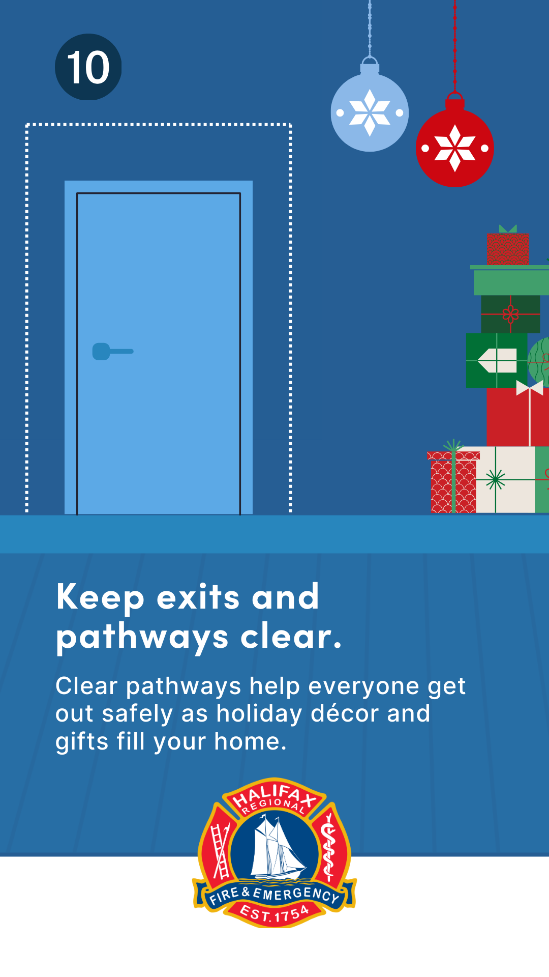 A graphic depicting a doorway with ample space between it and a stack of wrapped presents.