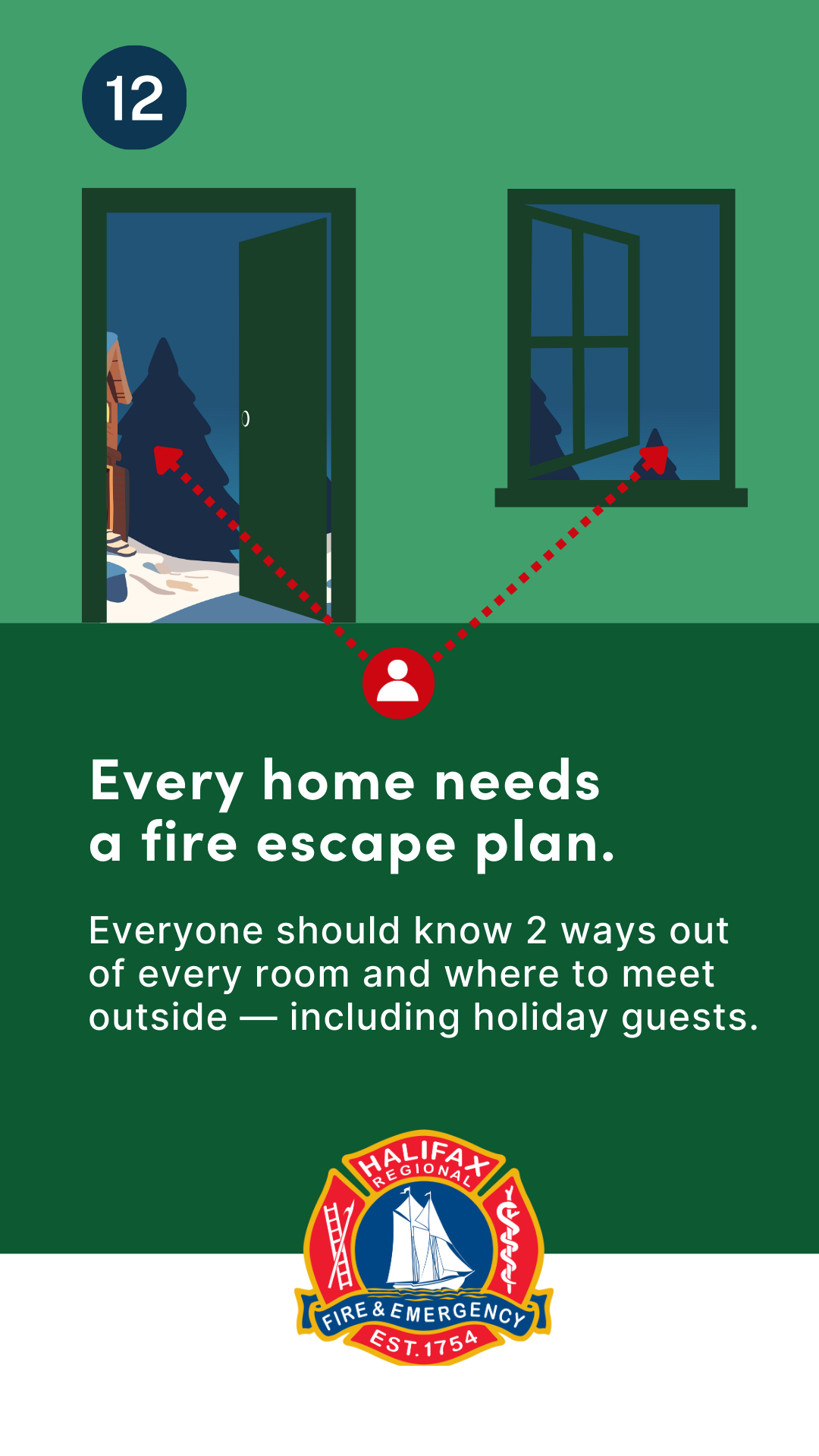 Graphic showing an open door and open window with arrows indicating having two escapes rooms from every room (if you can).