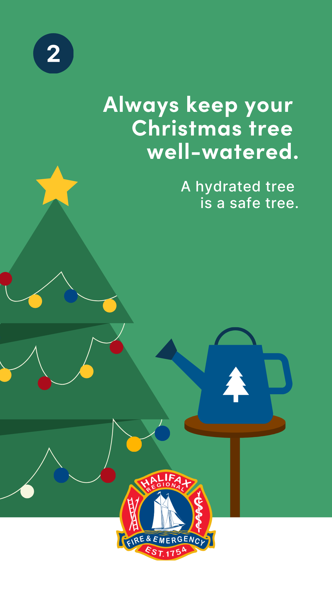 A graphic depicting a watering can and a holiday tree