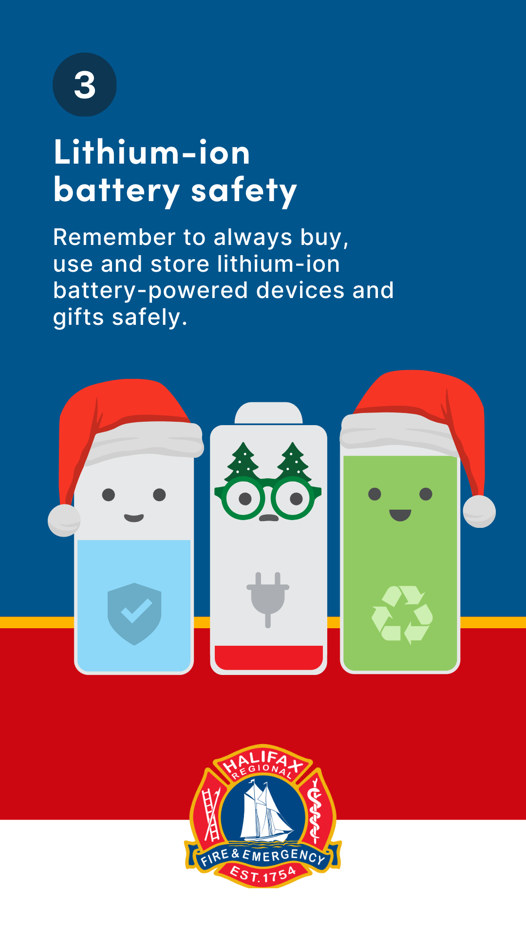 A graphic depicting batteries with happy faces on them wearing holiday attire