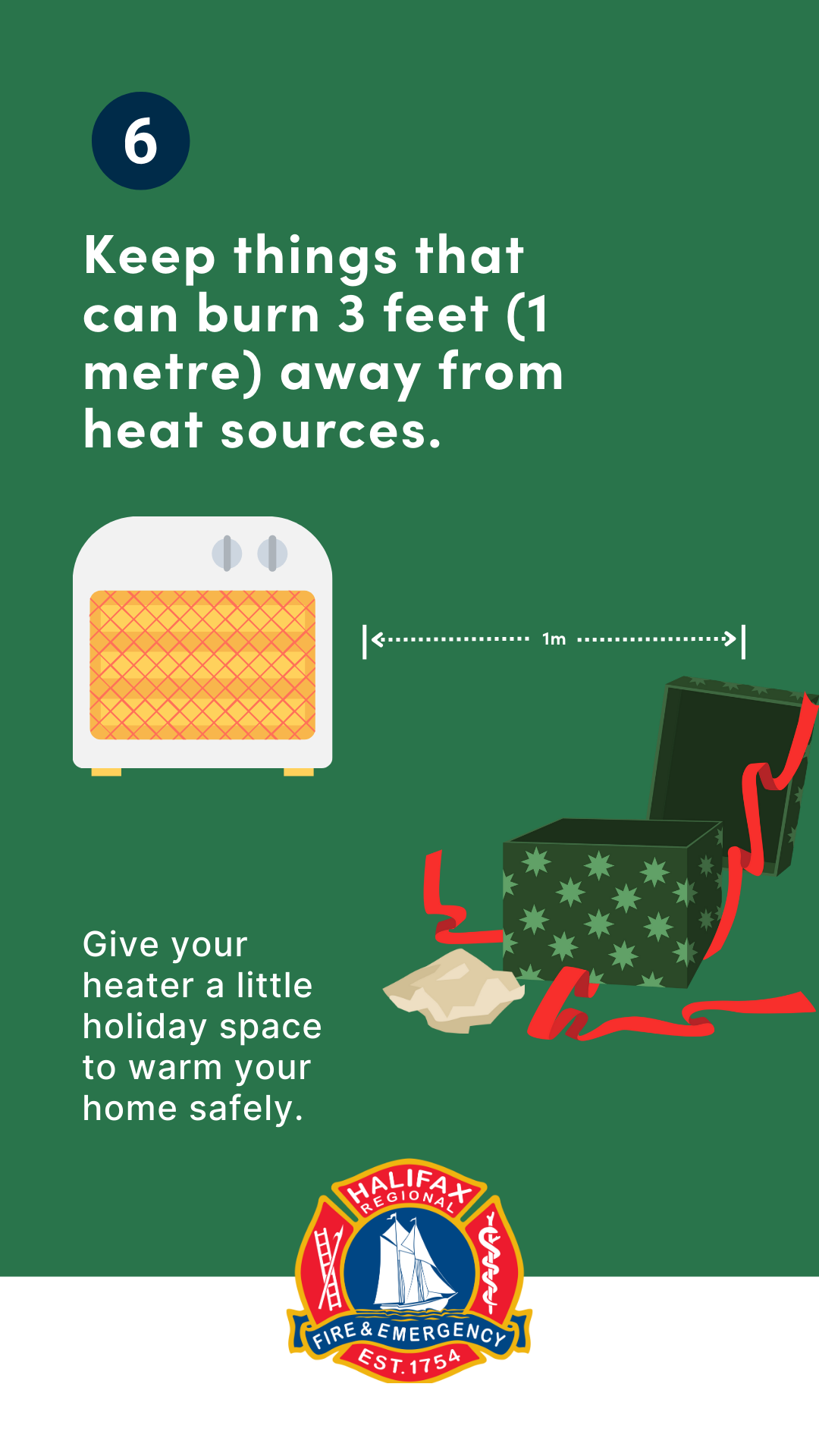 A graphic depicting a space heater and a present box one metre away from it.