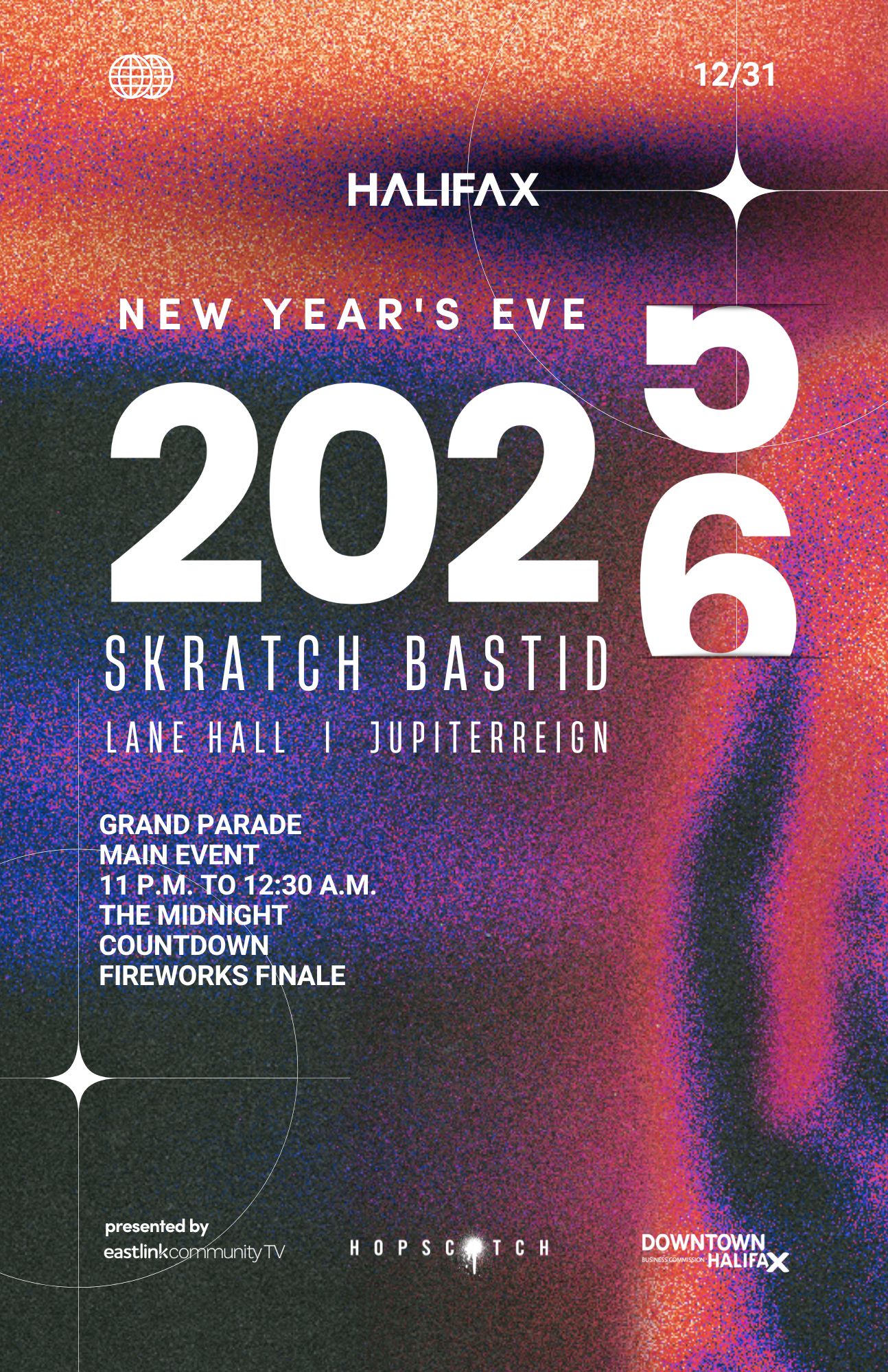 Colourful Halifax New Year’s Eve 2026 event poster featuring large ‘2026’ text, performer names, and event details for the Grand Parade celebration on Dec. 31.