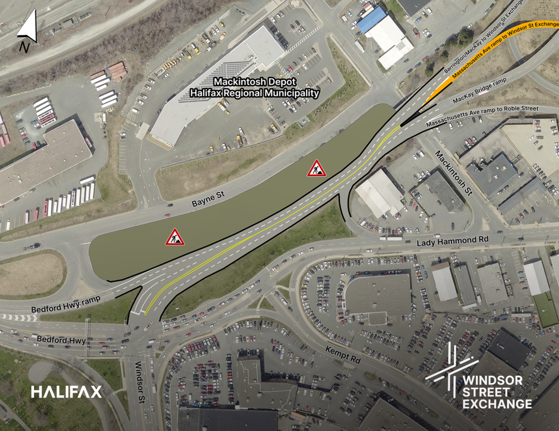 Map of the Highway 111 lane realignment between the Windsor Street Exchange and Massachusetts Avenue