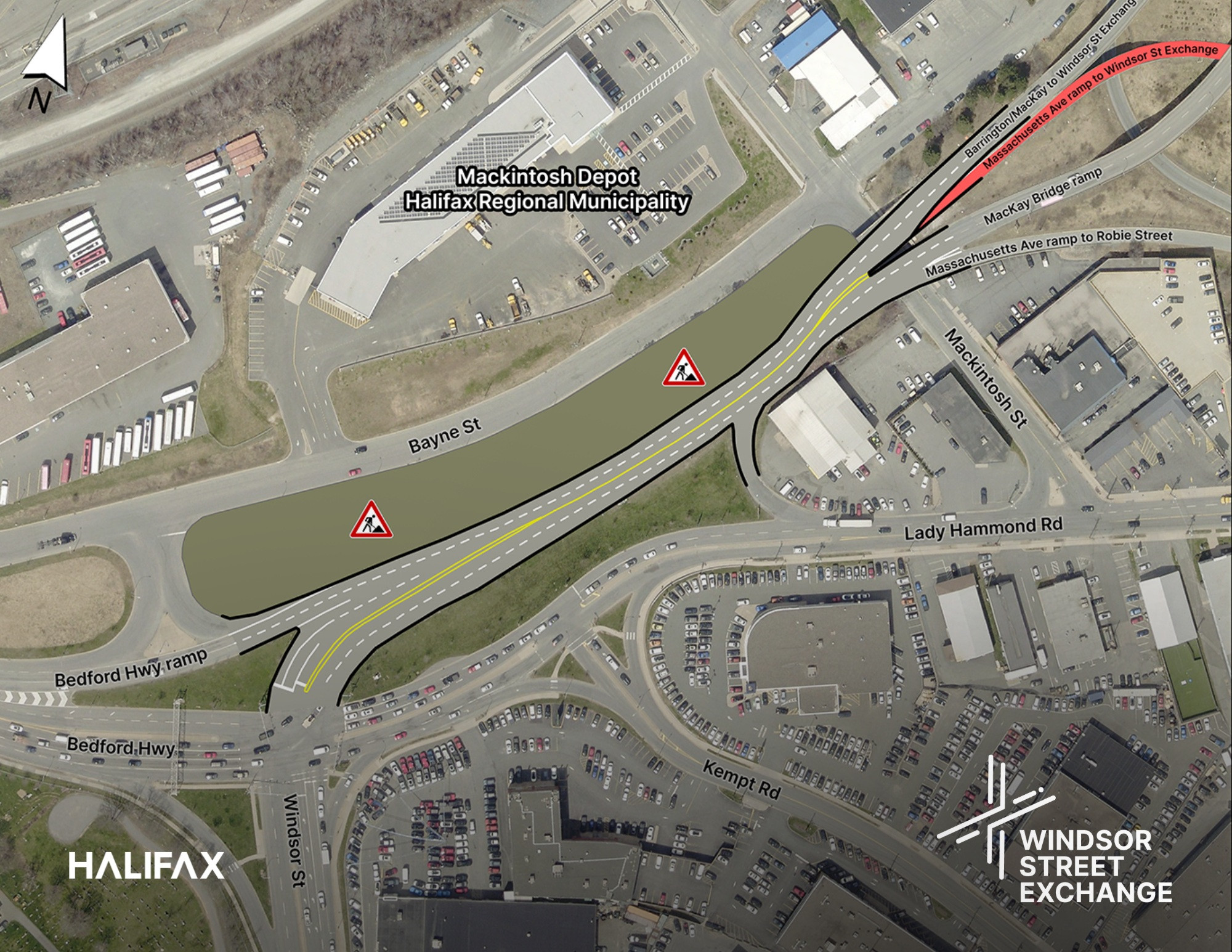Map of Highway 111 ramp closure, between Massachusetts Avenue ramps and the Windsor Street Exchange
