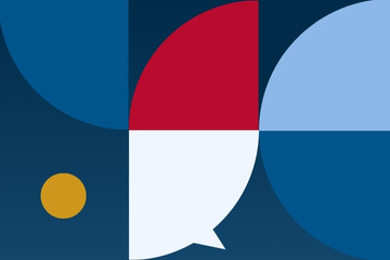 A graphic with abstract shapes in blue, yellow, white and red.