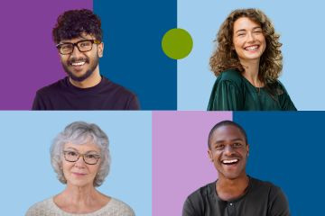 Photos of four residents in a bright, colourful grid pattern