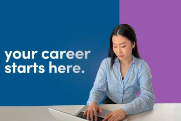 A photo of a municipal employee working on a laptop computer with text "your career starts here".