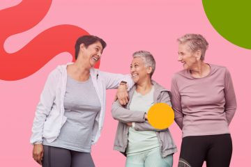 Three senior women socializing before a rec class in the foreground and a link pink background with colourful geometric icons. 