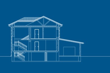A blue background with white line drawing of a structure.