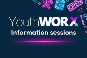 A dark blue background with bright, neon work related icons. Text in the foreground reads; "Youth WORX information sessions" in white font.