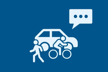 a blue square graphic with white icons of a cyclist, pedestrian and car with a thought bubble in the top right corner