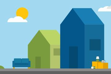 A graphic image of a green house and a blue house. A box of giveaway items sits on the side of the house on the curb. 