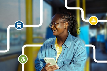 A young person sits on a bus holding a phone. She is surrounded by bus, ferry and accessibility icons. Text at the bottom reads "Transit Service Changes Starting May 19, 2025” with the Halifax Transit logo in the bottom right corner.