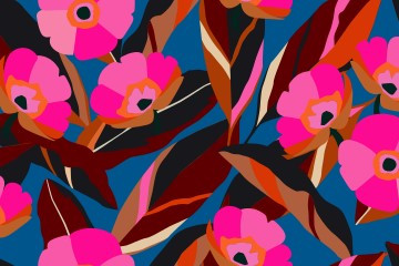 A graphic featuring bold, colourful flowers in pink, orange and brown against a dark blue background. 