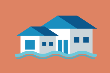 Cartoon house with water around it