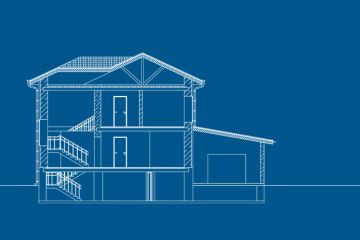 Blue background with white line drawing of housing with secondary suites