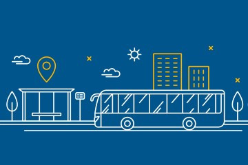 A graphic illustration of a bus stopped at a bus shelter. 