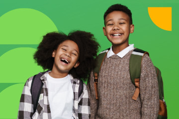 A bright green background with a photo of two children in back-to-school outfits, smiling in the foreground. Text reads: Fall 2025 registration dates. Rec programs on August 19 and aquatics and skating on August 26. 