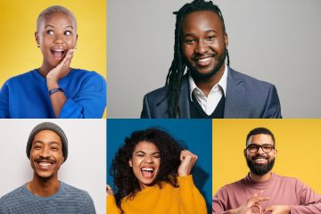  Five portraits of smiling people on colourful backgrounds appear in a collaged grid. 