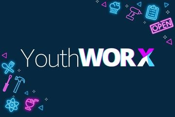 Youth WORX logo on a dark blue background, surrounded by neon style geometric and skills related icons.