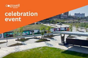 The top half is orange with white text reading “Cogswell District celebration event.” The bottom half shows a photo of the Cogswell District with new pathways, benches and murals. 