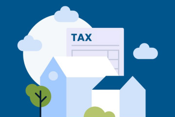An illustration of a home with a sun, clouds and a property tax bill. 