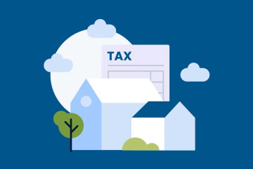 An illustration of a home with a sun, clouds and a property tax bill. 