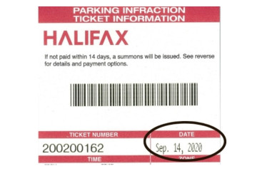 A parking ticket with the Halifax logo, a barcode and the date of the offense circled in black.