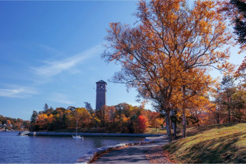The Dingle tower is framed by the water in Northwest Arm and trees in fall colours.