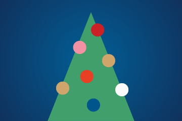 A green Christmas tree with colorful round ornaments on a blue background.