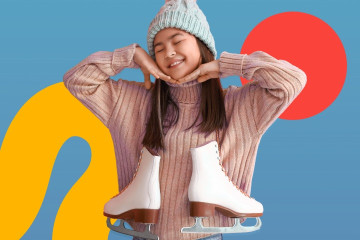 A mid-blue background with colourful geometric shapes. Foreground is a photo of a child in winter outdoor clothing, with a pair of figure skates draped around their neck, smiling for the camera. 