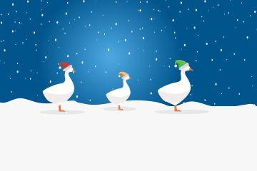 Three white geese in festive winter hats stand on snowy ground with snowflakes falling against a blue sky.