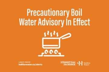 an orange graphic with an icon of boiling water that reads precautionary boil water advisory in effect