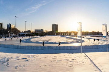 A bright, sunny winter shot of the Emera Oval skating surface.
