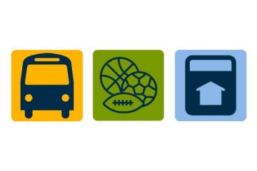 A yellow icon of a bus, a green icon of sports equipment, a blue icon of a tax receipt.