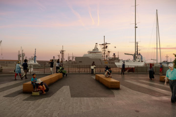 A render of a new park and seating area on the current Upper Water Street next to the Halifax Harbour.