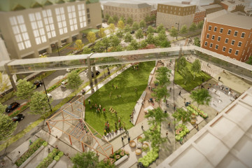 A render of the future Granville Park. The current pedway is visible in the centre of the image, with a new park underneath.