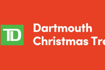 Icon of a Christmas tree with the text Dartmouth Christmas Tree Lighting on a red background, alongside the TD logo.