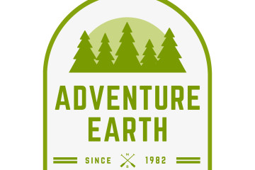 Adventure Earth text with green trees in the background. 