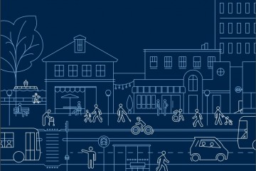 illustrated graphic showing a complete street with people walking, cycling, and taking transit. 