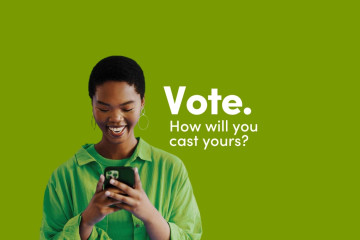 Woman smiling looking at her phone. Text overlay: "Vote. How will you cast yours?"