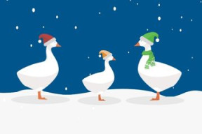 three cartoon geese wearing hats and scarves standing in the snow