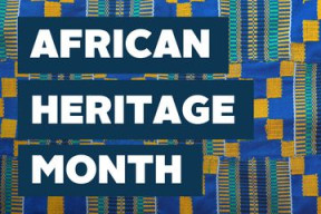 The text says African Heritage Month in bold white letters with navy blue background. The Nova Scotian kente cloth is in the foreground of the text.