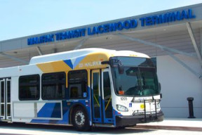 A transit bus sits parked at the Lacewood bus terminal. 
