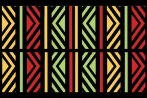 A green, yellow, red, and black Kente cloth pattern. 